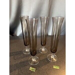 Vintage Smokey Grey Glass Fluted Bud Vases Set Of 4 Glam Retro Classic 8 Inches